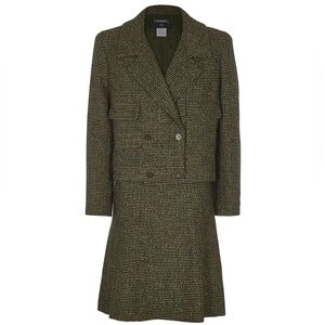 CHANEL Olive Green 2001 Tweed Skirt Suit Set